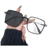 A before-and-after comparison display of black square spectacle frame color-changing lenses Item Picture